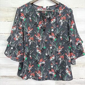GAP Black Floral 3/4 Ruffle Sleeve‎ Tie Neck Blouse Womens Size M